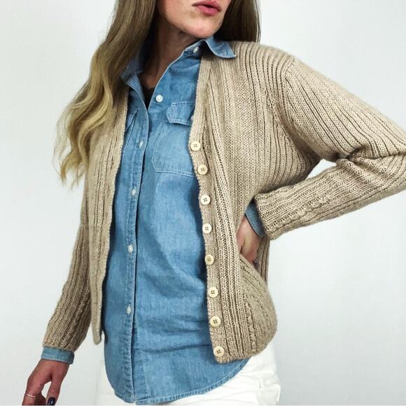 Alpaca Wool & Silk Blend Rib-Knit Button-Front V-Neck Cardigan | Size S - Picture 1 of 8